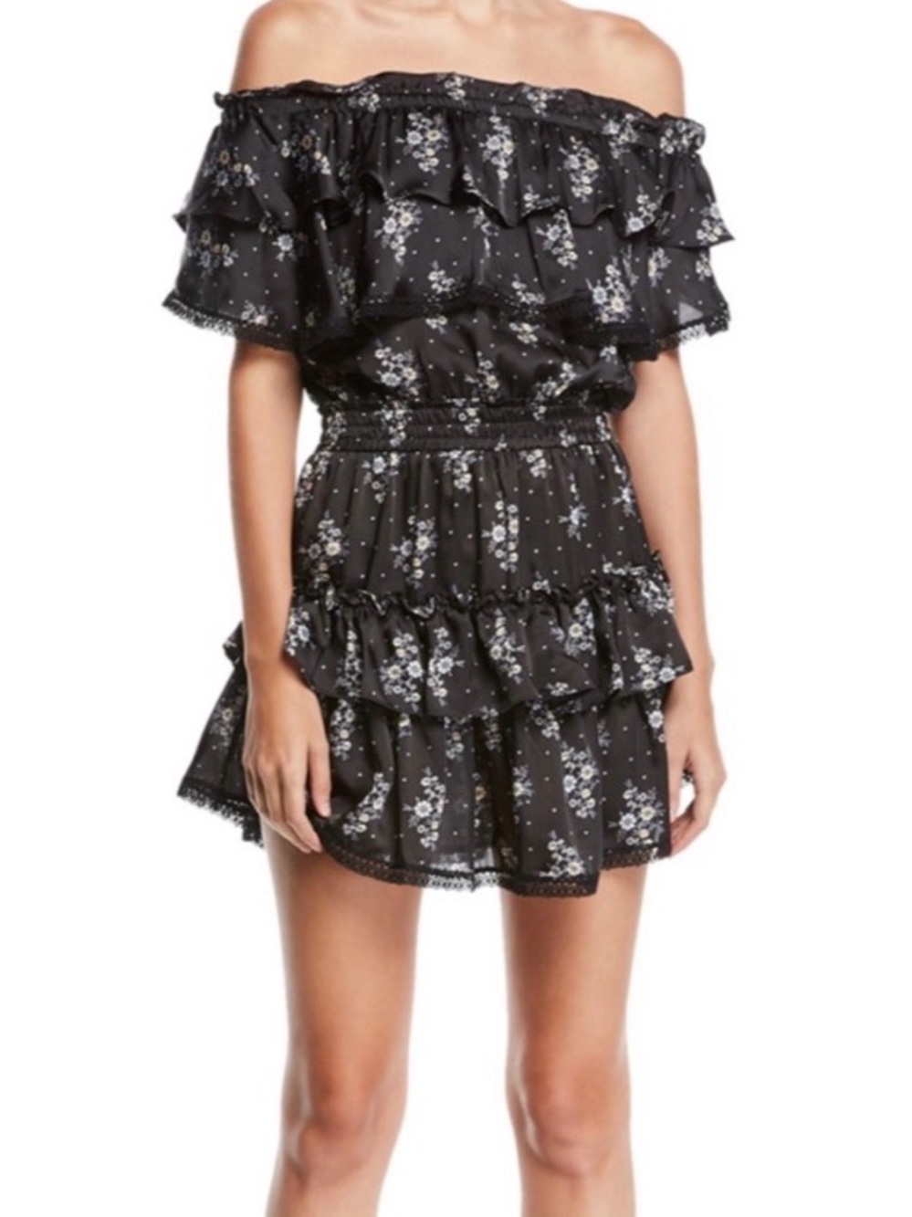 Misa Los Angeles Mayna Black Floral Off-Shoulder Mini Dress Ruffle Tiered Small